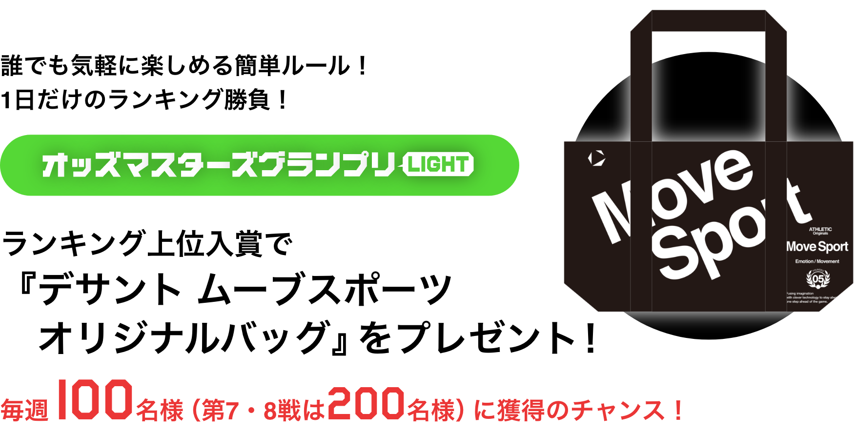 誰でも気軽に楽しめる簡単ルール！1日だけのランキング勝負！ オッズマスターズグランプリLIGHT ランキング上位入賞で「デサント ムーブスポーツオリジナルバッグ」をプレゼント！ 毎週100名様（第7・8戦は200名様）に獲得のチャンス！